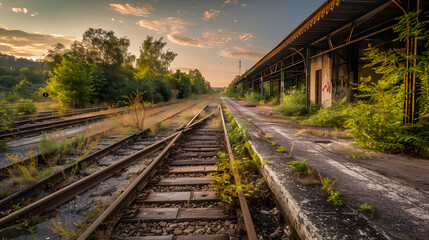 Fototapeta premium The train tracks are old and rusty, and the station is abandoned
