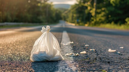 Plastic bag on road symbolizes environment pollution