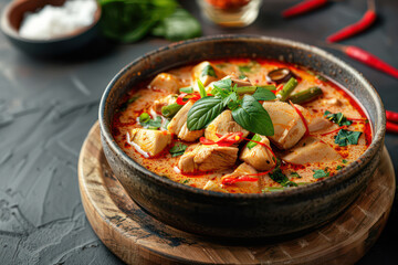 Thai Red Curry, creamy and spicy with chicken. Thai food on soup bowl traditional recipe. Food and cuisine concept for poster or menu, restaurant, Banner website, Ads. Generative AI