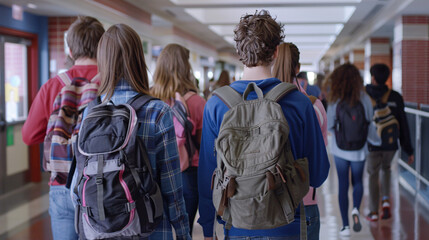 Group of high school students with backpacks, walking and talking in the school corridor on the first day back