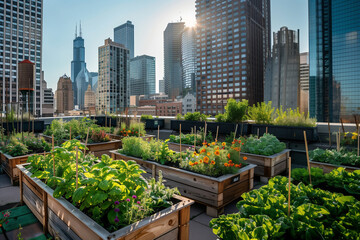 Fototapeta premium A vibrant rooftop garden in a city, with raised beds filled with various vegetables, herbs, and flowers, and skyscrapers in the background, showcasing the contrast between greenery and urban architect
