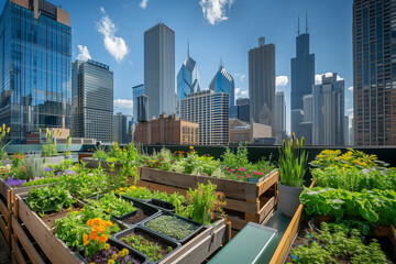 Fototapeta premium A vibrant rooftop garden in a city, with raised beds filled with various vegetables, herbs, and flowers, and skyscrapers in the background, showcasing the contrast between greenery and urban architect