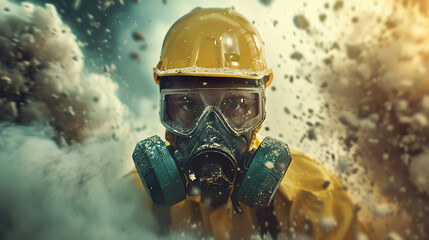 A worker in protective gear faces an explosion of sand, dust and debris, wearing a yellow full face mask with transparent glasses. The scene captures the intensity as he fights to stay standing amidst