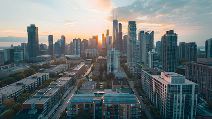 Obraz premium A cityscape with tall buildings and a skyline