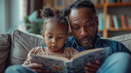 Obraz premium Father reading a story to his daughter, both cozied up on the couch, a warm and loving Father s Day evening