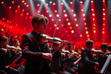 Fototapeta premium Violinist performs with passion and precision under the red spotlight, surrounded by the other musicians of the symphony orchestra