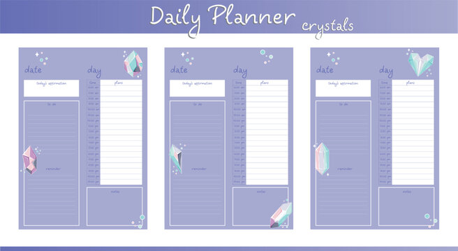 A set of three purple day planners with magic crystals. Suitable for school, college, university and habit building. - Powered by Adobe