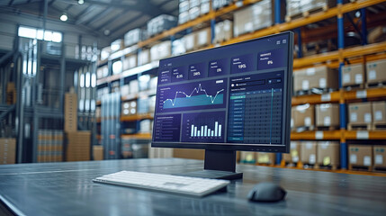 Innovative computer software for warehouse management enables real-time monitoring of package delivery and goods. A computer screen displays a smart inventory dashboard, facilitating storage 