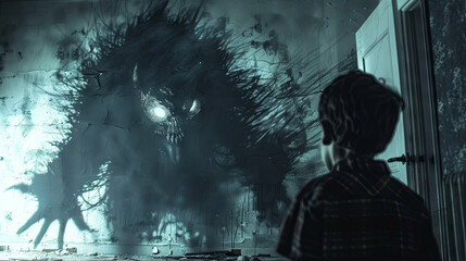 A young boy faces a formidable shadow creature looming on a wall, demonstrating courage