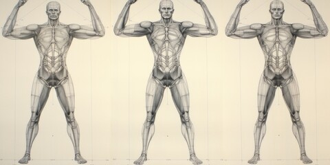 Human body pencil drawing showing symmetrical grid and height marks