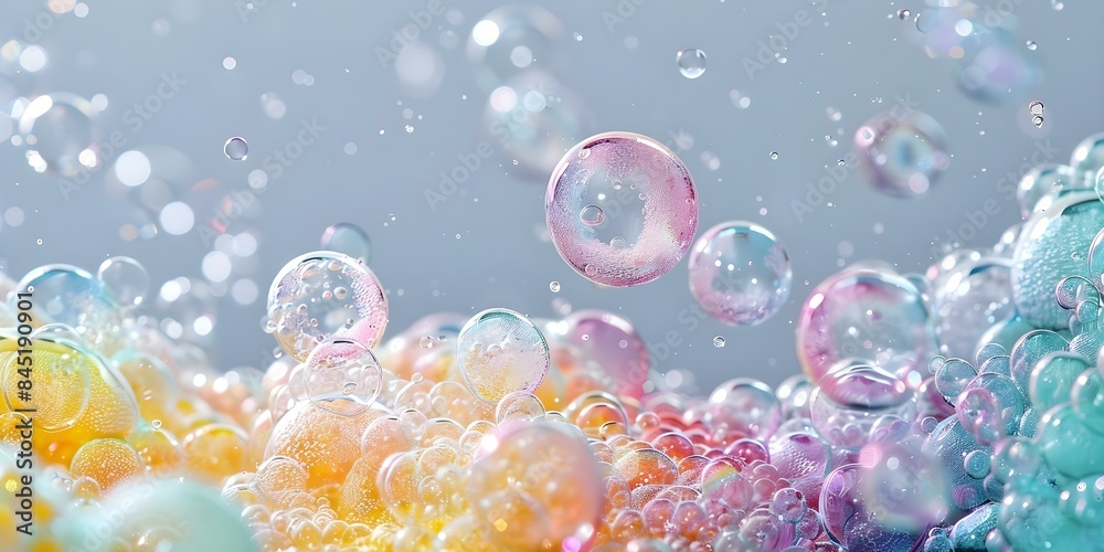 Poster simulating realistic colored bubbles using ai for cleaning simulation. concept bubble simulation, re