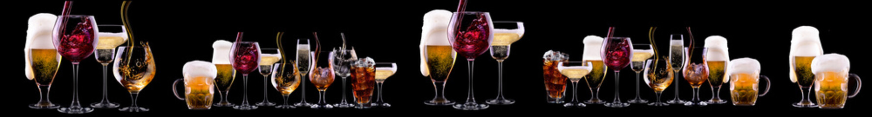 Different alcohol cocktails like beer, martini, soda, champagne, whiskey