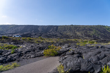 Alanui Kahiko, An exposed portion of Chain of Craters Road that was not covered by the lava flows of Maunaulu, Hawaii Volcanoes National Park. Kīlauea volcano, Hōlei Pali / Hilina Pali ( cliff )