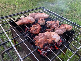 The barbecue grill is burning for frying shashlik on coals
