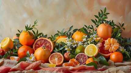 A table full of oranges and limes with a yellow background