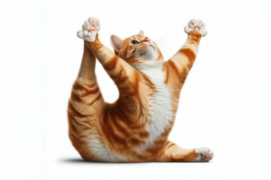 funny cat doing yoga Isolated on white background