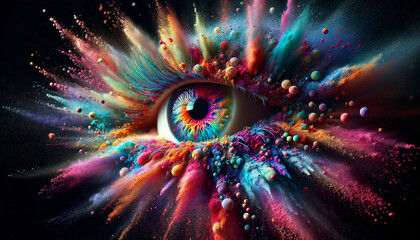 human eye exploding in colorful powder