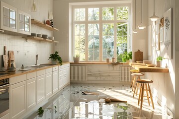 Flooded Scandinavian Kitchen with Damaged Interior: A bright, flooded Scandinavian kitchen featuring clean