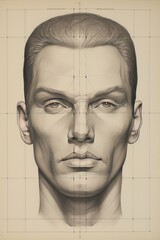 Human face pencil drawing showing symmetrical grid and height marks