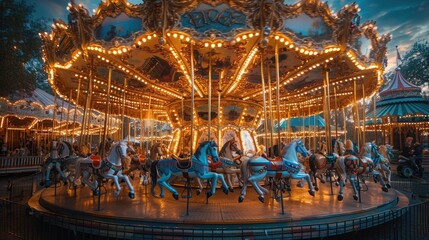 Fototapeta premium A whimsical carousel in an empty amusement park, with colorful horses frozen mid-ride, evoking a sense of nostalgia
