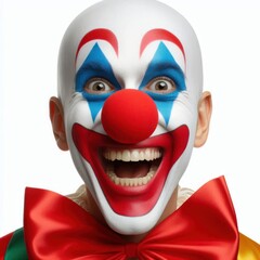 clown face with a big red nose and a wide smile Isolated on white background