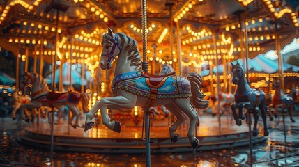 Fototapeta premium A whimsical carousel in an empty amusement park, with colorful horses frozen mid-ride, evoking a sense of nostalgia