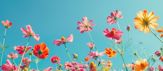 Vibrant summer flowers set against a clear blue sky