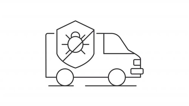 Animated pest truck icon. Termite control service line animation. Moving automobile, transport. Bug extermination. Black illustration on white background. HD video with alpha channel. Motion graphic