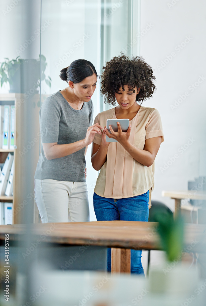 Canvas Prints Communication, tablet and business women in office with research for creative project in collaboration. Digital technology, plan and copywriting team in conversation for proofreading in workplace.