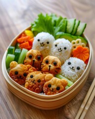 Creative bento art featuring cartoon characters made of food, showcasing fun and colorful lunchtime creations