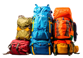 A collection of backpacks and one of them is blue