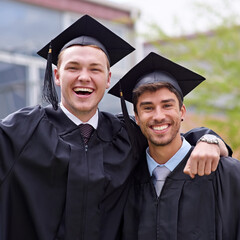 Men, friends and portrait for university graduation on campus with celebration, success and...