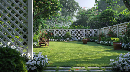 Diamond shaped fence, white, orchids, green grass, outdoor furniture, wooden rest area. Generative AI.