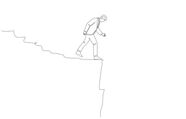 Fototapeta premium Continuous one line drawing of businessman on the edge of mountain cliff, business risk, facing major difficulty or obstacle in investing concept, single line art.