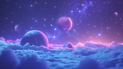 Surreal dreamscape with planets, stars, and clouds under a violet sky, evoking a sense of cosmic wonder and infinite possibilities. 3D Illustration.