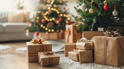 Beautifully wrapped christmas gift boxes next to a festive tree in an indoor setting