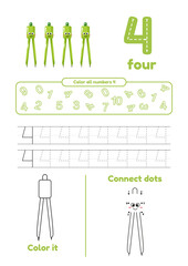 Many games on one page for kids. Color, dot to dot, trace. Learn number 4