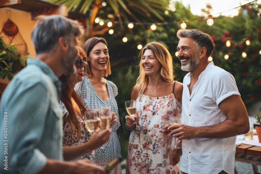 Poster Group of friends toasting with glasses of champagne in the backyard.