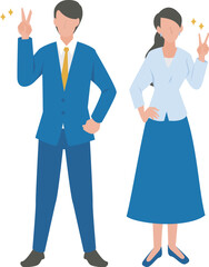 ピースサインをする男性と女性のビジネスパーソン