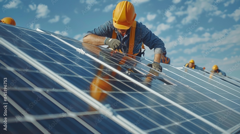 Poster solar panel technician, installation workers are installing solar panels. generative ai.