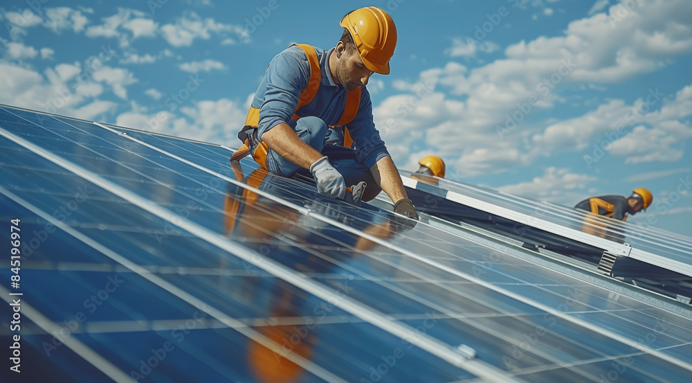 Poster solar panel technician, installation workers are installing solar panels. generative ai.