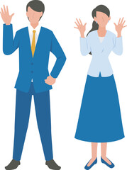 こちらに向かって手を振る男性と女性のビジネスパーソン