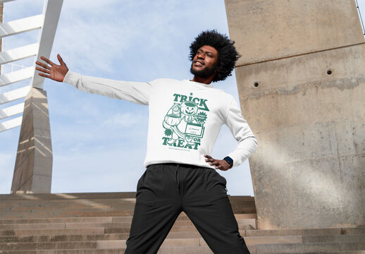 Mockup of man wearing customizable sweatshirt, arm out
