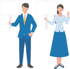 案内プラカードを持つ男性と女性のビジネスパーソン