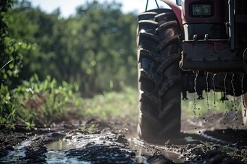 Obraz premium Tractor wheel in mud with the background showing farmland. Raindrops falling from wheel tires onto wet soil. Soggy ground. Dirt droplets. Field. Muddy terrain. Copy space. Climate