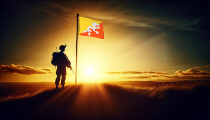 A soldier standing beside the Bhutan flag at sunset, symbolizing courage and dedication to the nation