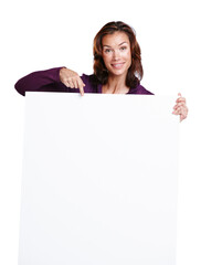 Portrait, pointing and billboard with woman in studio for promotion, branding and mockup space. Blank poster, female person and presentation for choice, sale and news by white background with smile