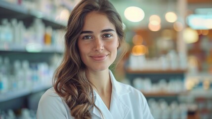 portrait of a beautiful smiling Caucasian young woman pharmacist against the background of pharmaceutical preparations in a pharmacy