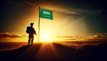 Fototapeta premium A soldier standing beside the Saudi Arabia flag at sunset, symbolizing courage and dedication to the nation