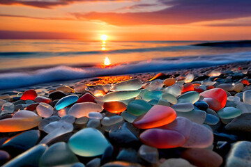 Obraz premium a-beach-composed-of-colorful-smooth-sea-glass-pebbles-the-sunset-light-will-cast-a-warm-glow